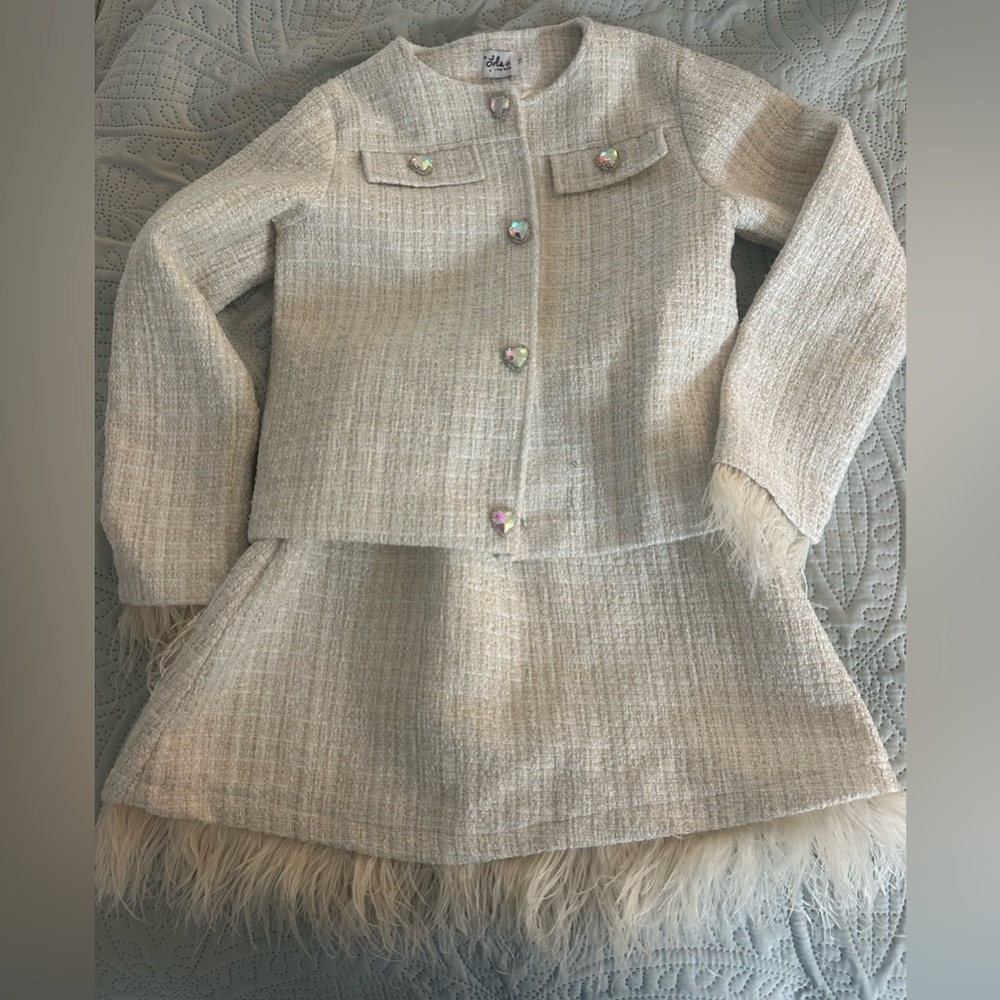 Lola and the Boys Cream Tweed Jacket and Skirt Set with Faux Fur Trim